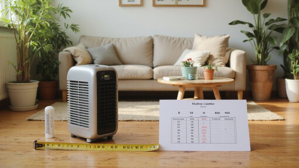 Chart showing BTU requirements based on room size for air conditioning