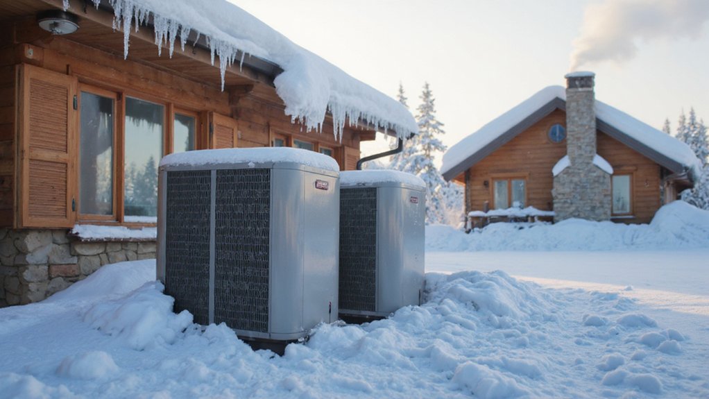 Outdoor heat pump unit during frost buildup and defrost cycle in winter