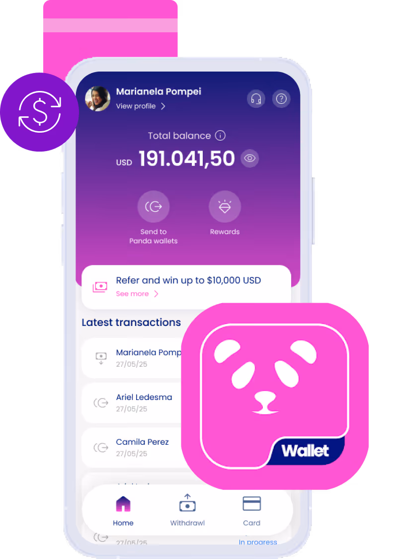 Pandablue Wallet UI showing total balance and latest transactions