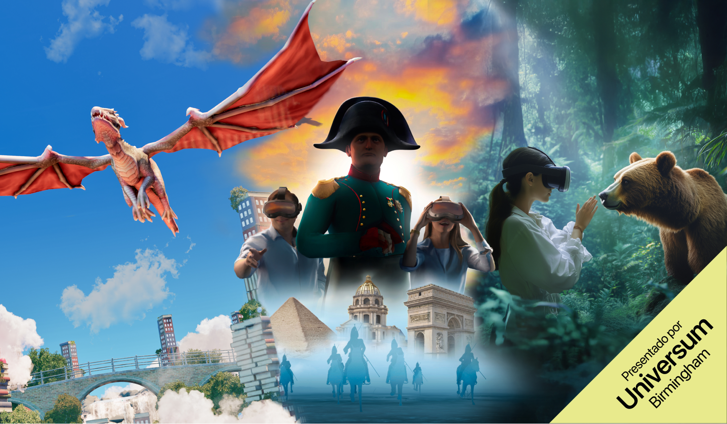 Collage de experiencias VR de Universum: dragón volador, Napoleón con usuarios VR, mujer frente a un oso.