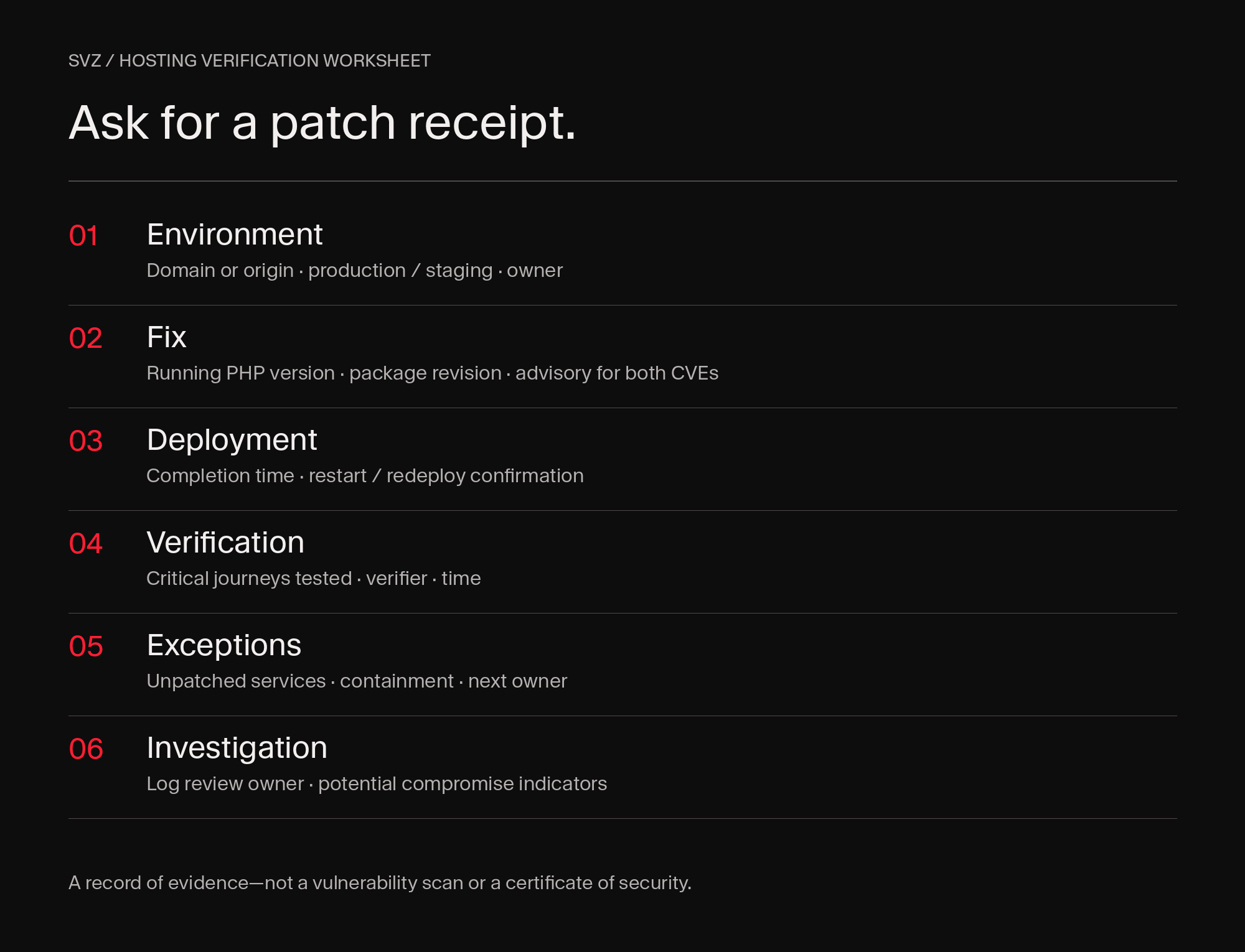 Six fields to request from a hosting provider: environment, fix, deployment, verification, exceptions and investigation ownership.