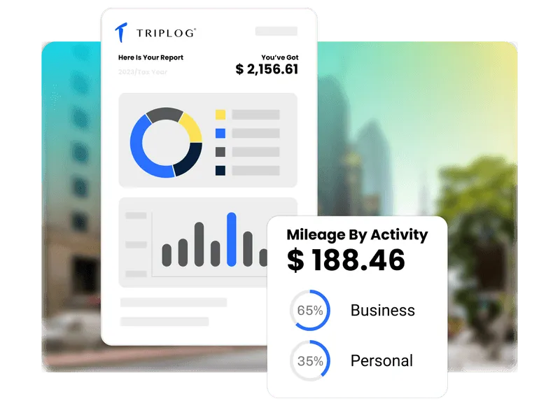 TripLog report showing a users savings and mileage by activity.