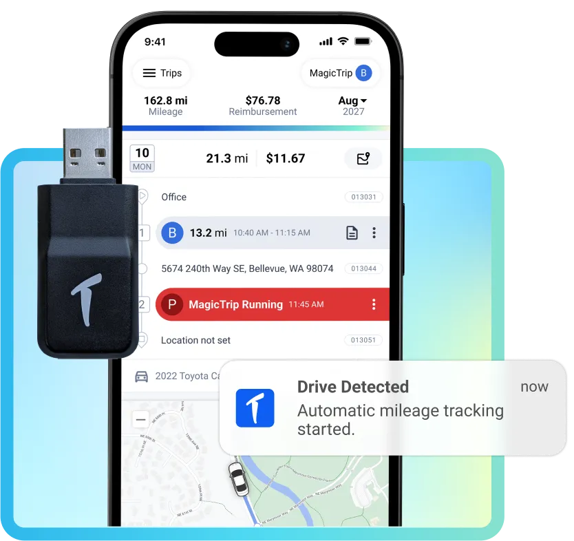 La aplicación TripLog muestra una unidad detectada automáticamente, con un dispositivo TripLog Drive y una notificación de la unidad.