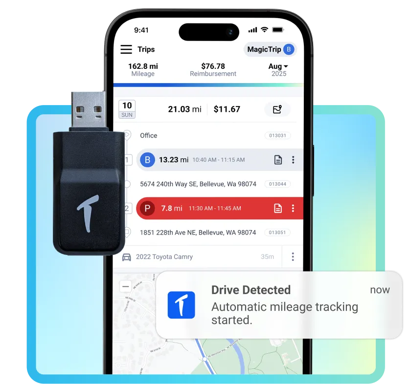 TripLog app showing an automatically detected drive, with a TripLog Drive device and drive notification.