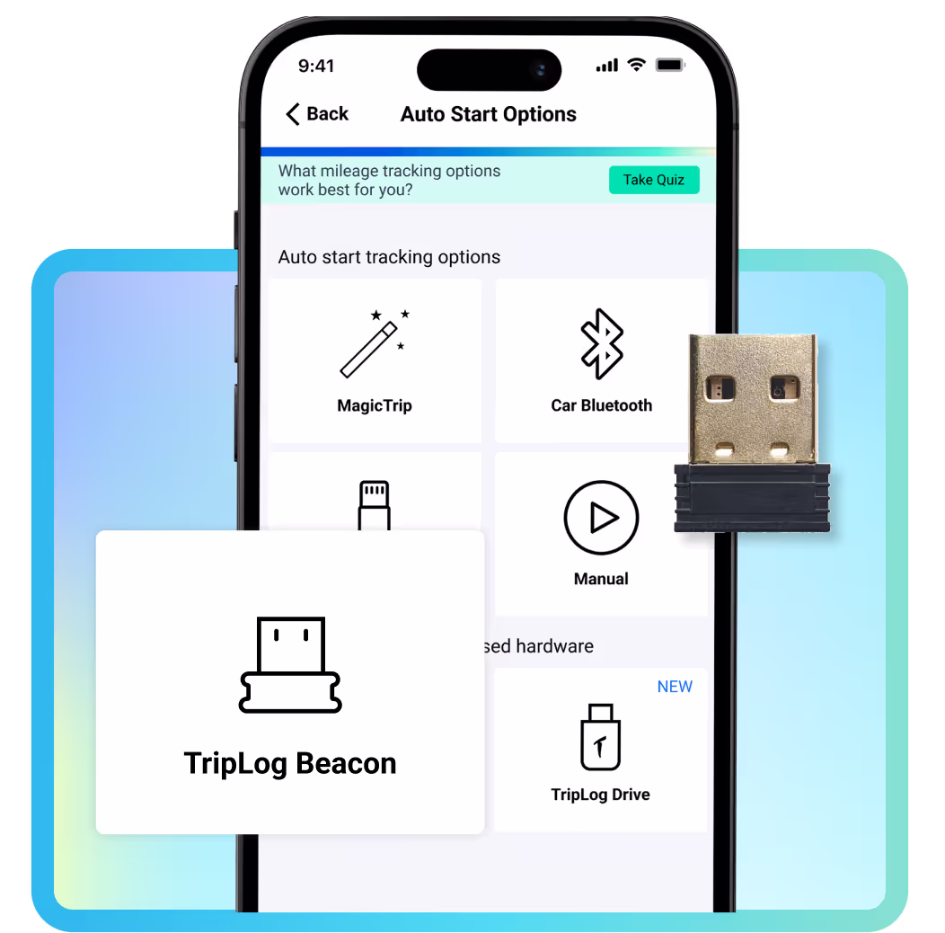 an image showing the TripLog app depicting our auto-start options, highlighting TripLog Beacon, alongside a physical TripLog Beacon