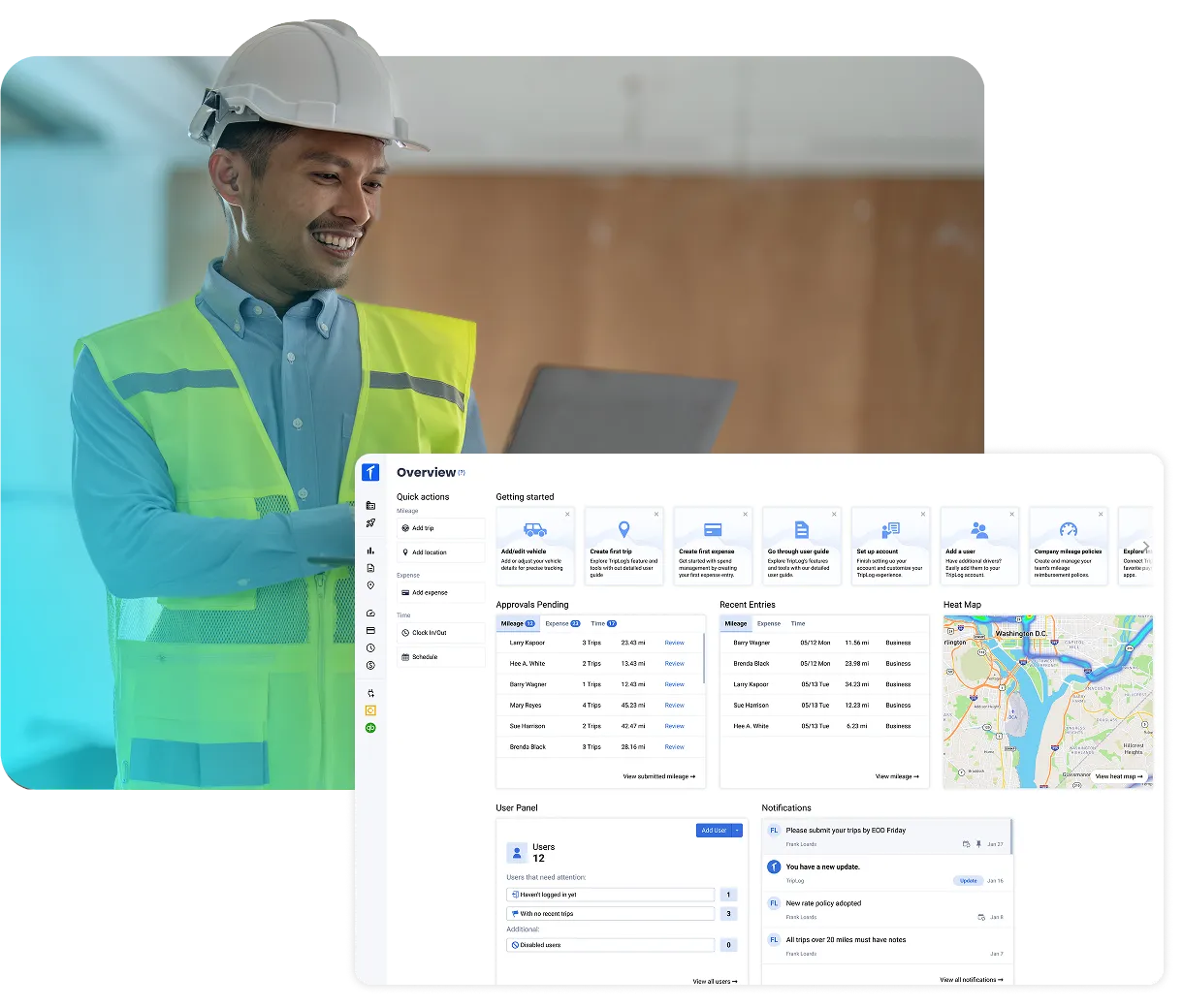 worker looking at TripLog dashboard on their laptop