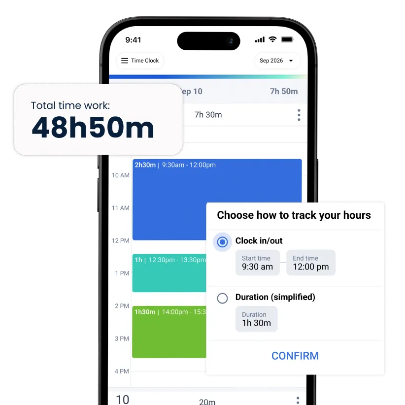 triplog mileage tracker app in phone with pop-ups around it showing time tracking functions