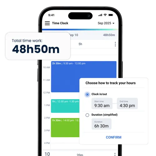 triplog mileage tracker app in phone with pop-ups around it showing time tracking functions