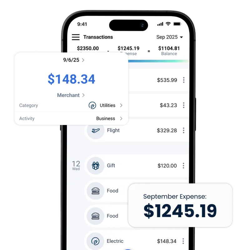 triplog mileage tracker app in phone with pop-ups around it showing expense tracking functions