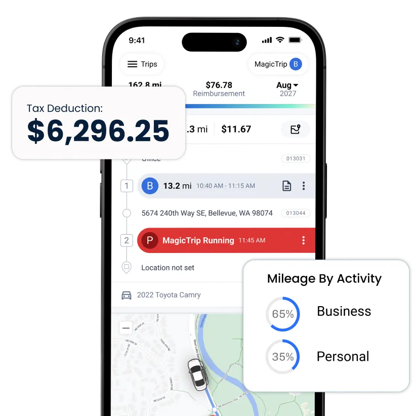 triplog mileage tracker app in phone with pop-ups around it showing mileage tracking functions