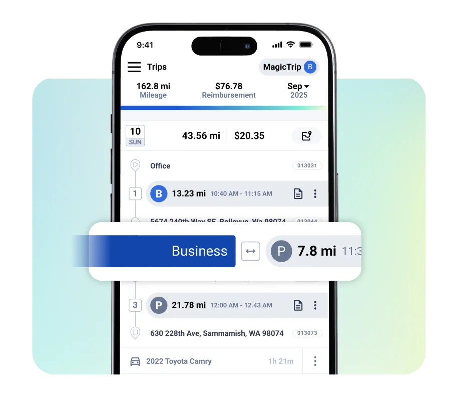 showing how to classify trips as business or personal in the triplog app for wag walkers