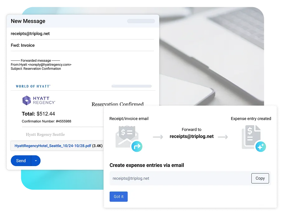 Exemple montrant un e-mail de réception transféré envoyé à receipts@triplog.net qui crée automatiquement une entrée de dépenses TripLog.