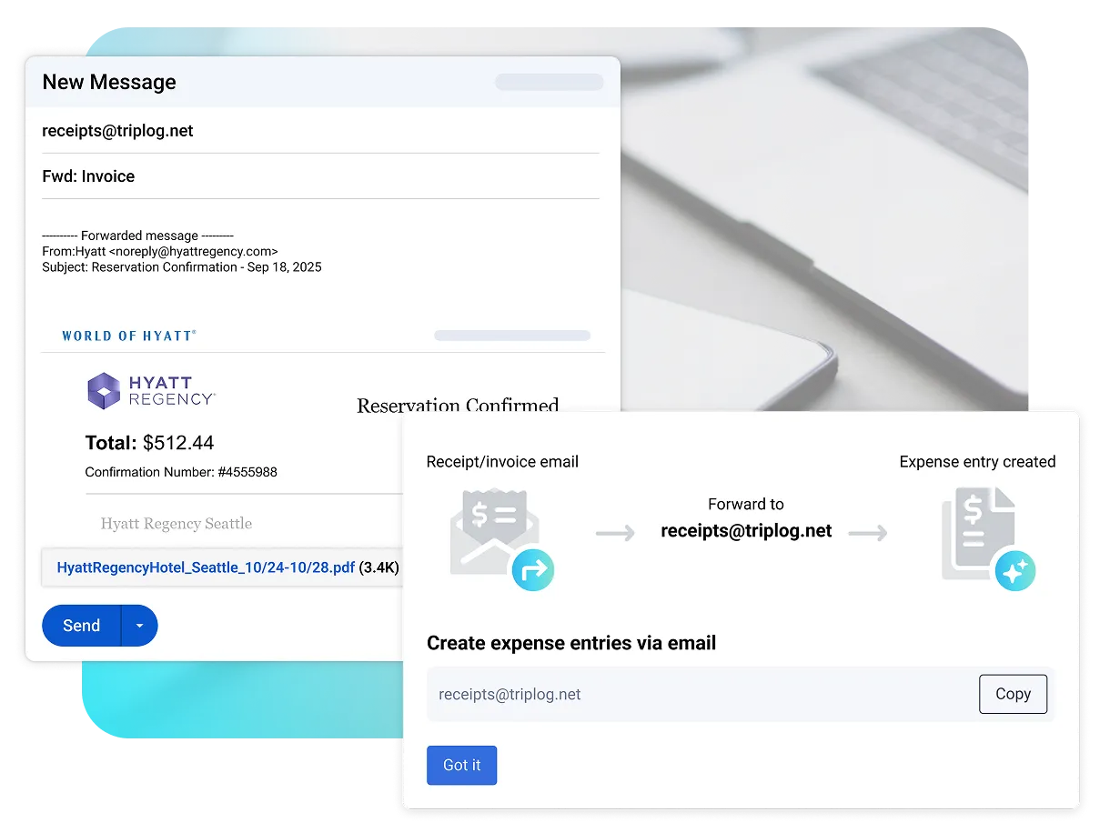 Example showing a forwarded receipt email sent to receipts@triplog.net which automatically create a TripLog expense entry.