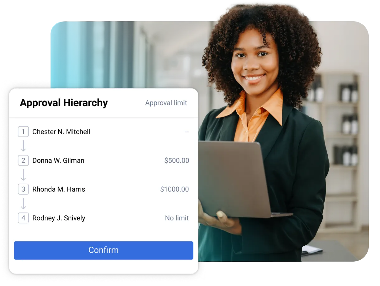 A smiling professional woman holds a laptop in an office setting. A digital interface displays TripLog's approval hierarchy feature showing a consecutive list of four names.