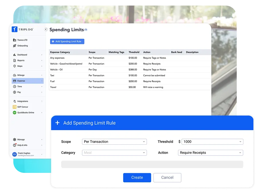 TripLog web dashboard showing the Spending Limits screen. A pop-up form titled "Add Spending Limit Rule" allows users to create or edit spending limits.