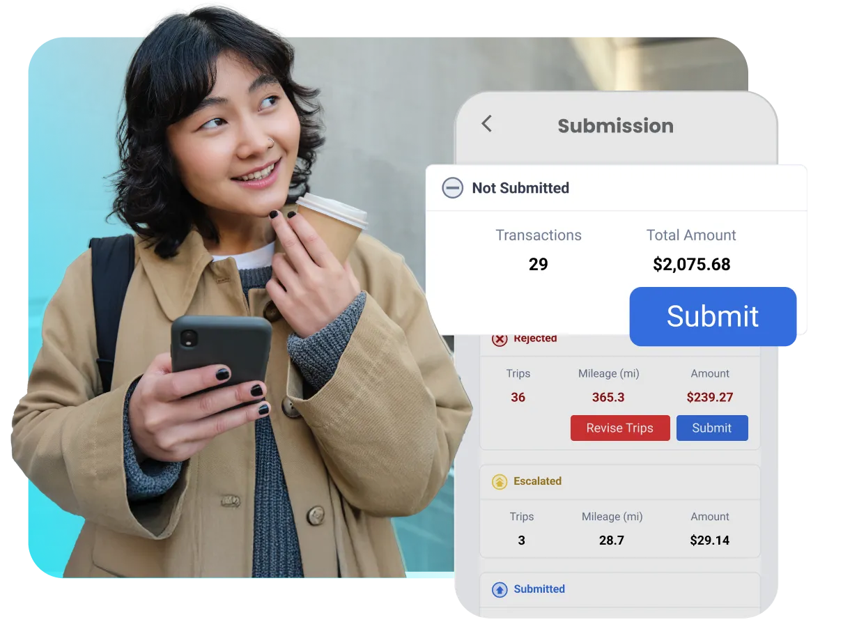 Employee using the TripLog mobile app to review and submit their expense reports, with an app screen showing transactions and a blue "Submit" button.