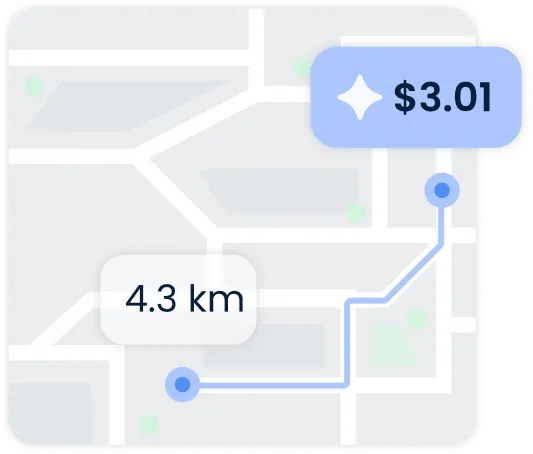 una imagen que representa un viaje típico de seguimiento del kilometraje en TripLog, con ventanas emergentes que muestran la duración del viaje y su valor en dólares