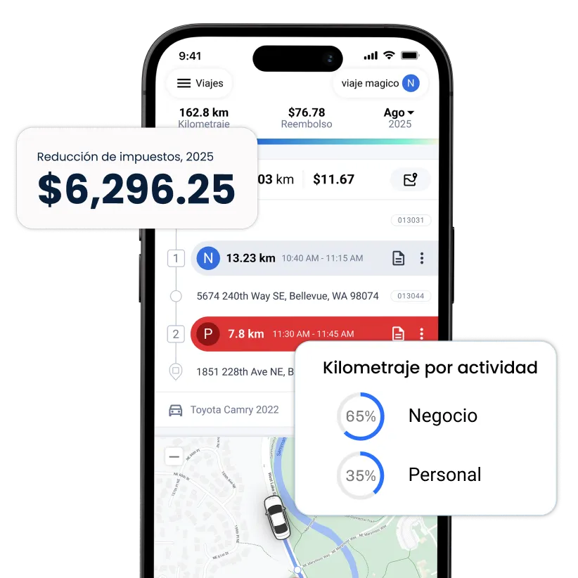 aplicación de seguimiento de kilometraje triplog en el teléfono con ventanas emergentes a su alrededor que muestran las funciones de seguimiento de kilometraje