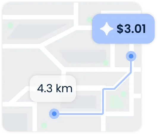 une image représentant un trajet typique avec suivi du kilométrage dans TripLog, avec des fenêtres contextuelles indiquant la durée du trajet et sa valeur en dollars