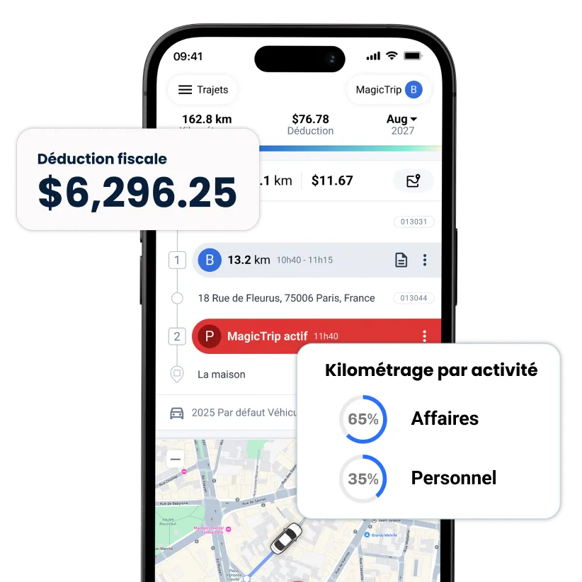 application de suivi du kilométrage triplog sur le téléphone avec des fenêtres contextuelles affichant les fonctions de suivi du kilométrage
