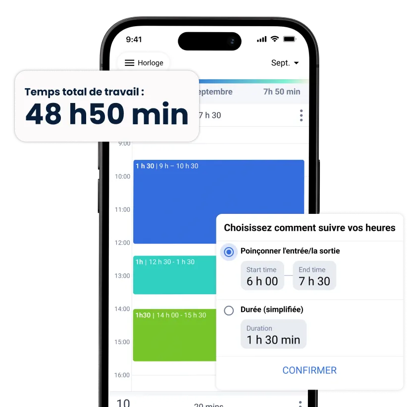 application de suivi du kilométrage triplog sur le téléphone avec des fenêtres contextuelles affichant les fonctions de suivi du temps