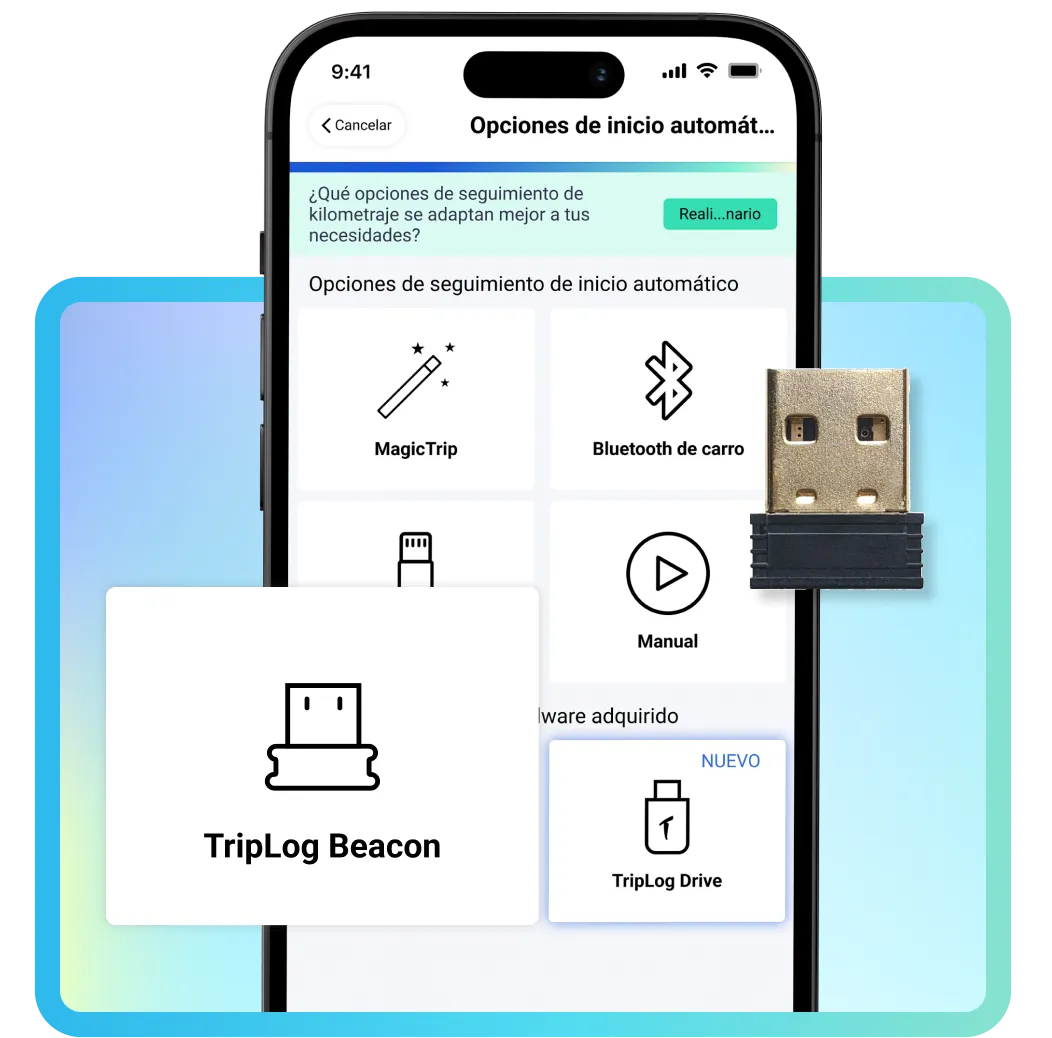 una imagen que muestra la aplicación TripLog que muestra nuestras opciones de inicio automático, destacando TripLog Beacon, junto con una baliza TripLog física