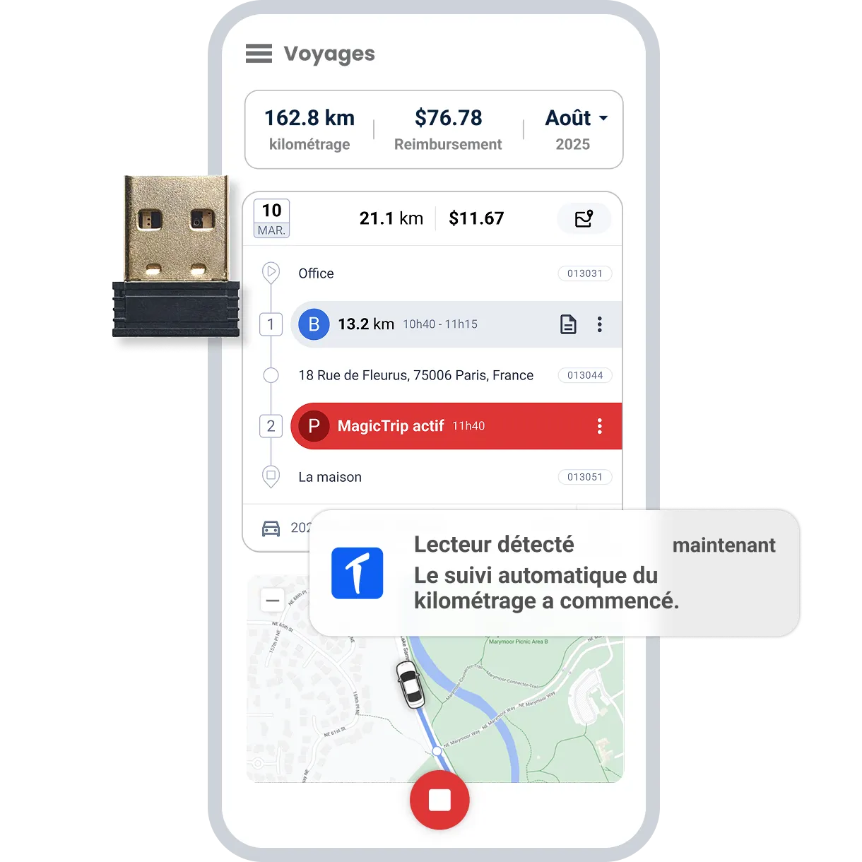 une image montrant TripLog Beacon, le dispositif de suivi du kilométrage iBeacon de TripLog