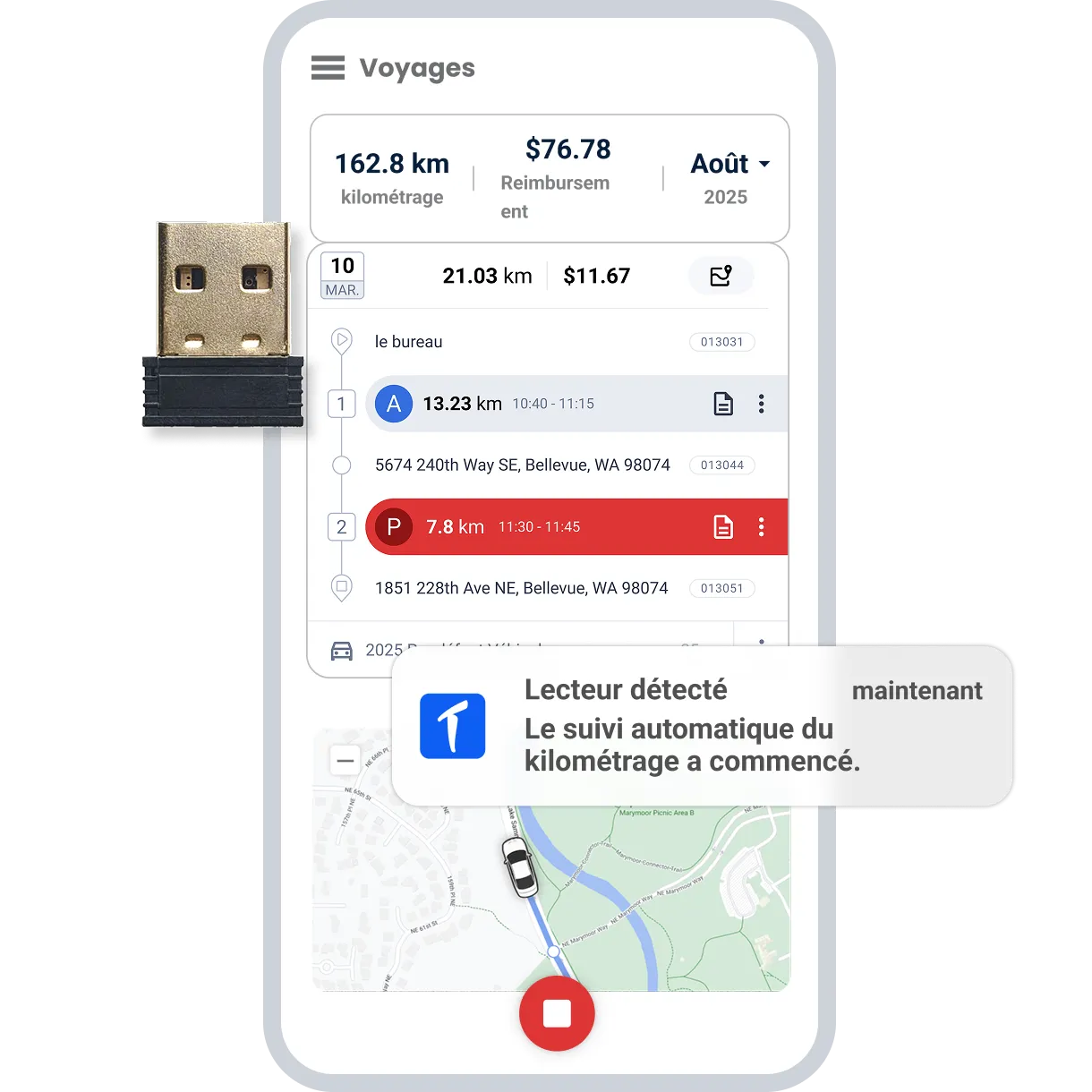 une image montrant TripLog Beacon, le dispositif de suivi du kilométrage iBeacon de TripLog