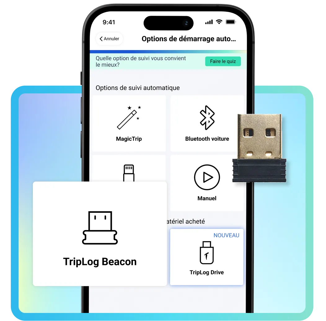 une image montrant l'application TripLog illustrant nos options de démarrage automatique, mettant en évidence la balise TripLog, à côté d'une balise TripLog physique