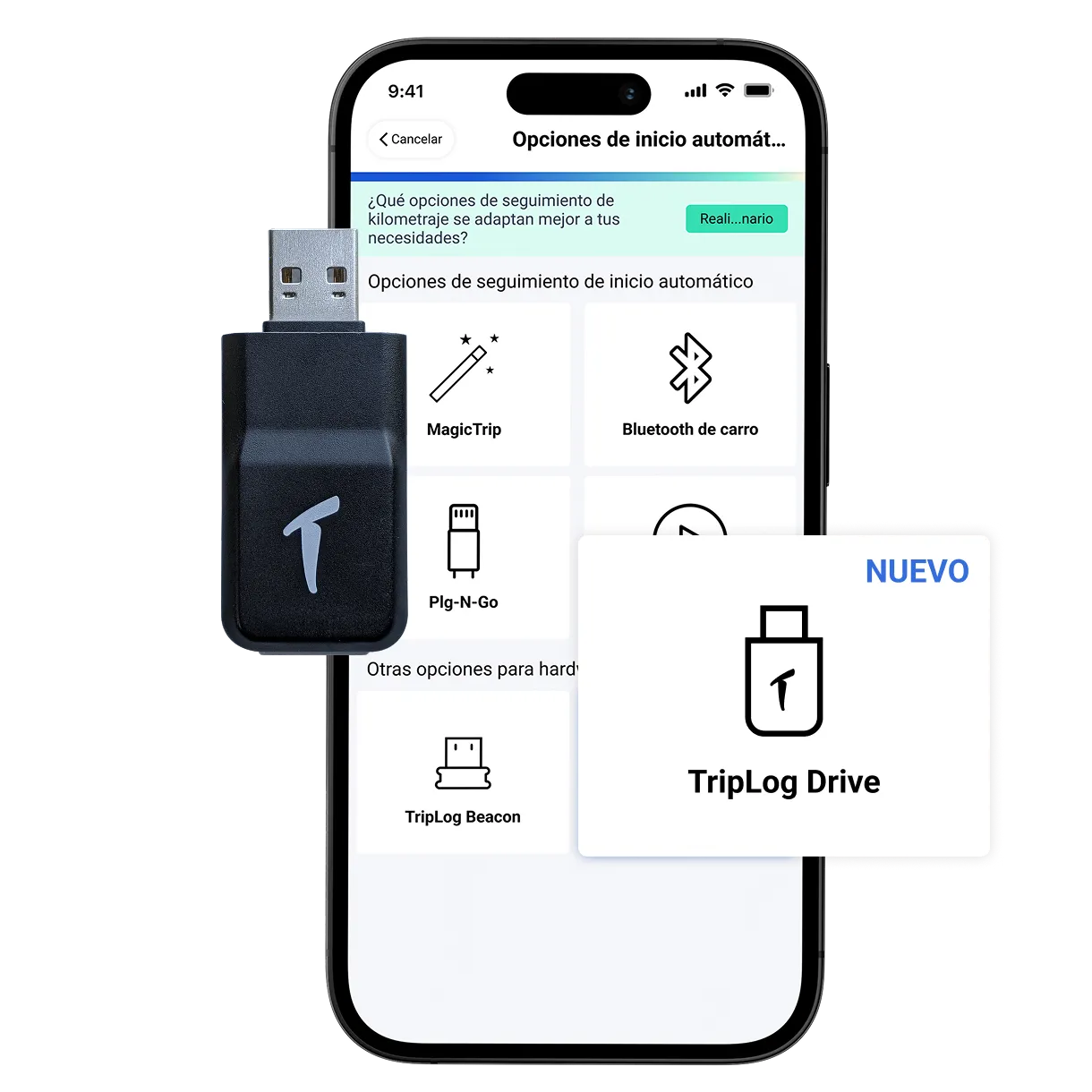 Una imagen que muestra la aplicación TripLog que muestra nuestras opciones de inicio automático, destacando TripLog Drive, junto con un TripLog Drive físico.