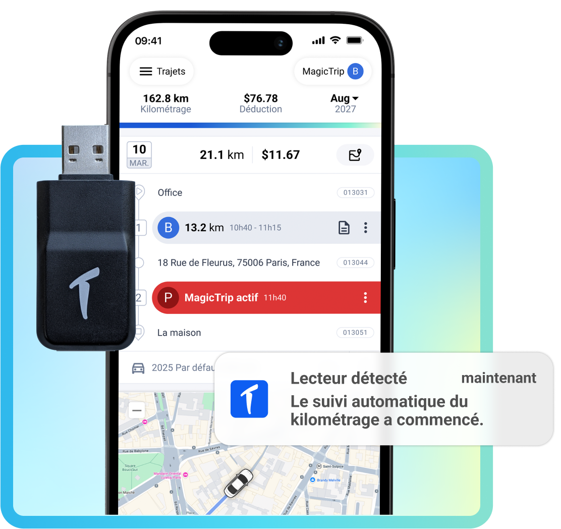 Application TripLog affichant un lecteur détecté automatiquement, avec un appareil TripLog Drive et une notification de lecteur.
