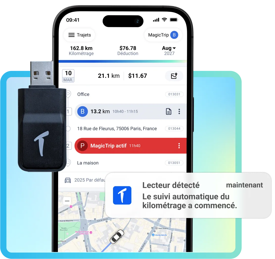 Application TripLog affichant un lecteur détecté automatiquement, avec un appareil TripLog Drive et une notification de lecteur.