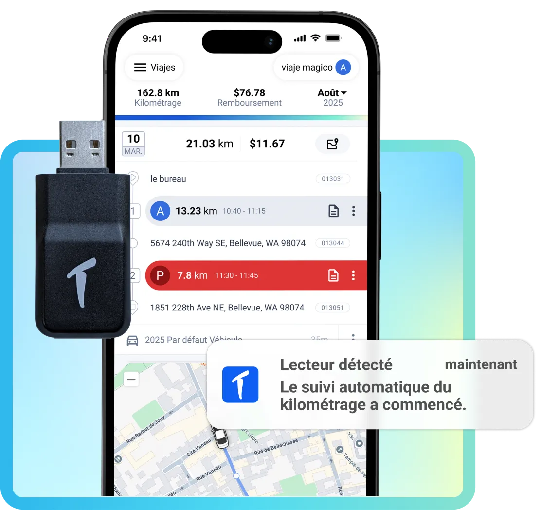 Application TripLog affichant un lecteur détecté automatiquement, avec un appareil TripLog Drive et une notification de lecteur.