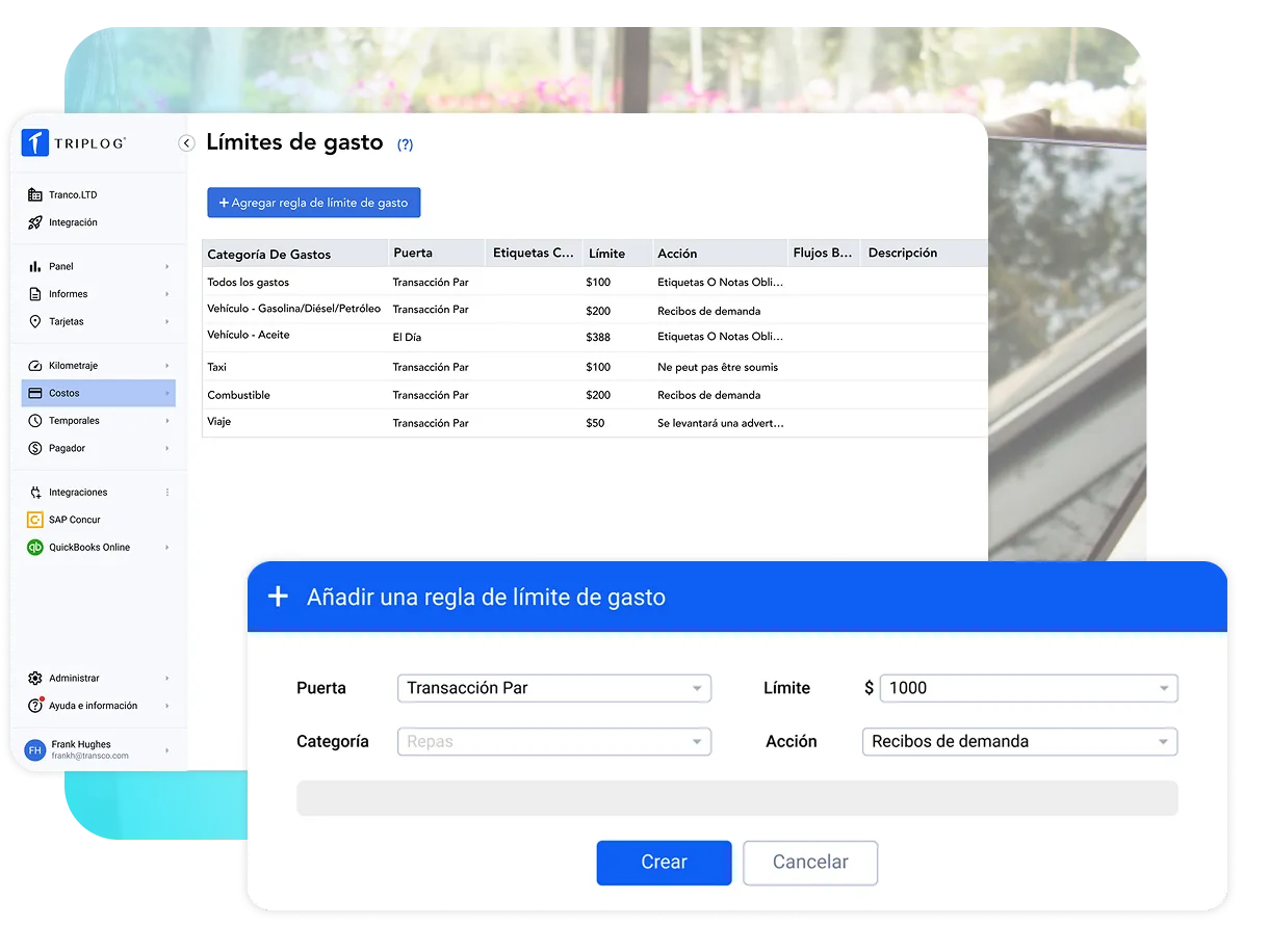 Panel web de TripLog que muestra la pantalla de límites de gasto. Un formulario emergente titulado «Agregar regla de límite de gasto» permite a los usuarios crear o editar límites de gasto.