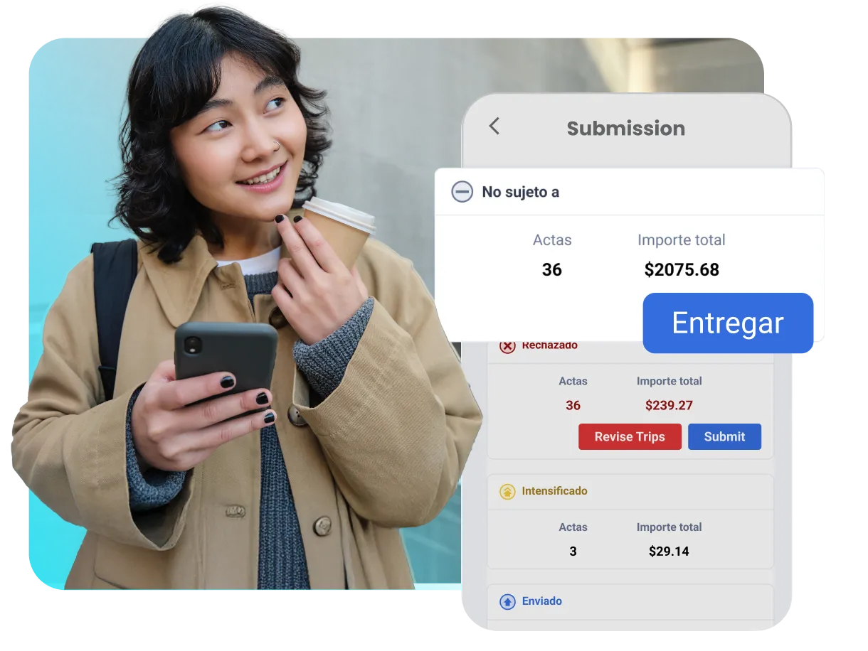 El empleado usa la aplicación móvil TripLog para revisar y enviar sus informes de gastos, con una pantalla de aplicación que muestra las transacciones y un botón azul de «Enviar».
