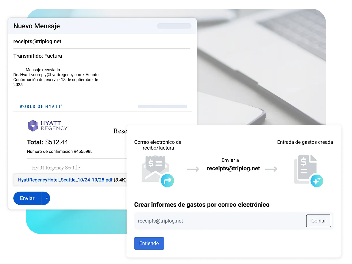 Ejemplo que muestra un correo electrónico de recibo reenviado a receipts@triplog.net que crea automáticamente una entrada de gastos de TripLog.