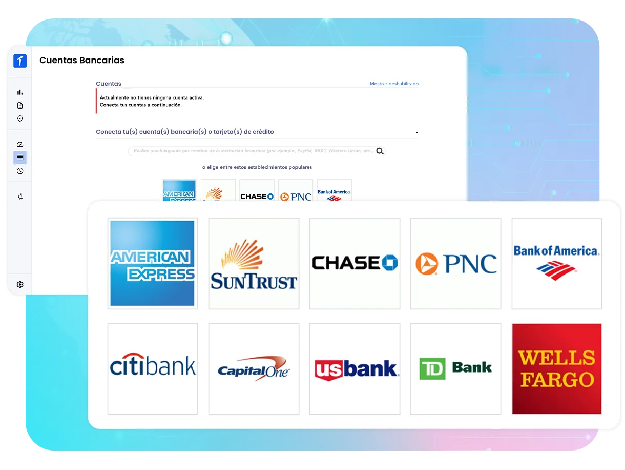Integración de tarjetas bancarias y de crédito de TripLog en el panel web