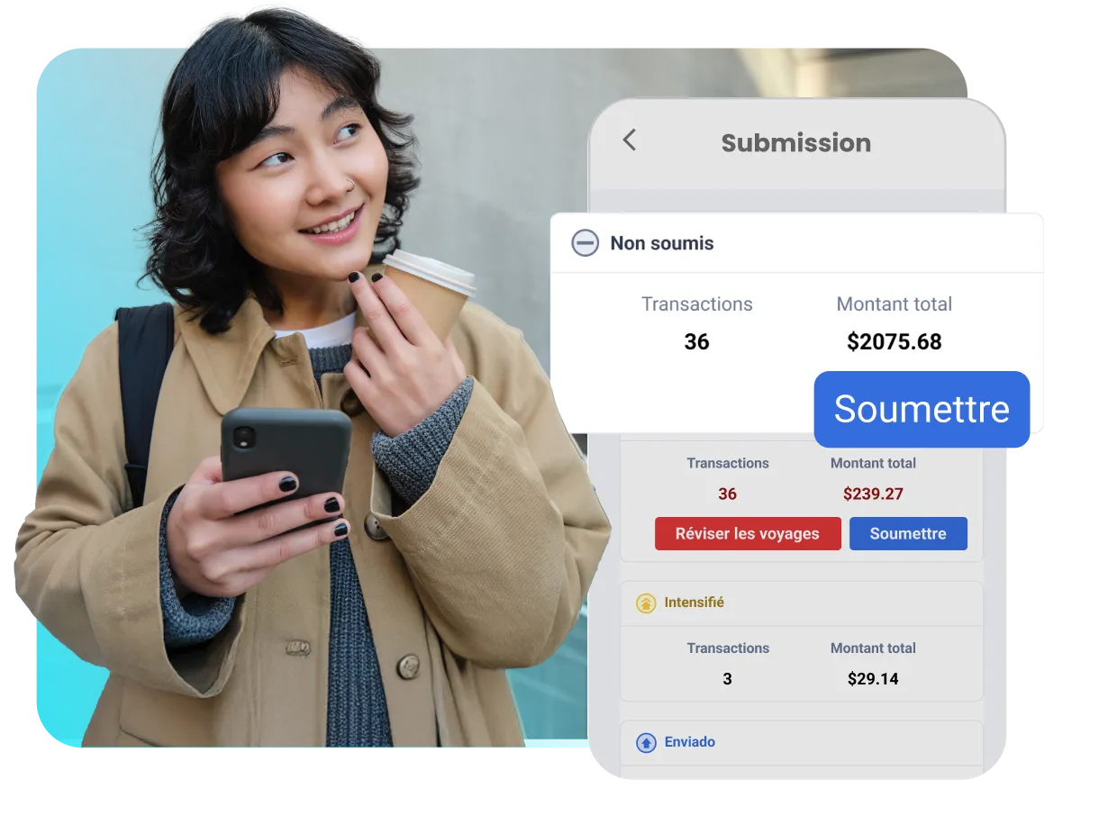 Employé utilisant l'application mobile TripLog pour consulter et soumettre ses notes de dépenses, avec un écran d'application affichant les transactions et un bouton bleu « Soumettre ».