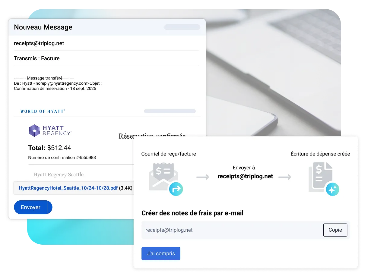 Exemple montrant un e-mail de réception transféré envoyé à receipts@triplog.net qui crée automatiquement une entrée de dépenses TripLog.