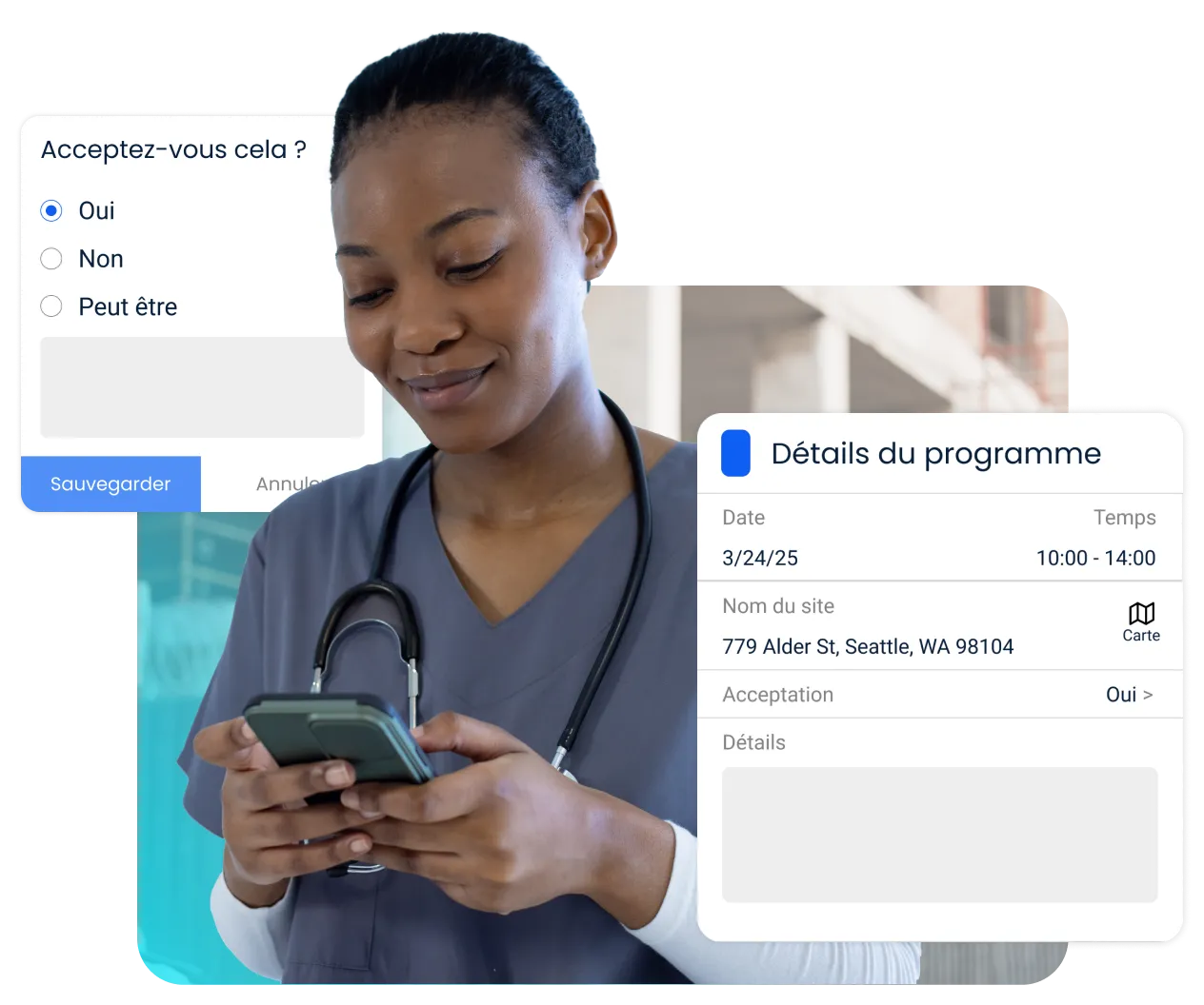 Le travailleur gère son emploi du temps dans l'application mobile TripLog