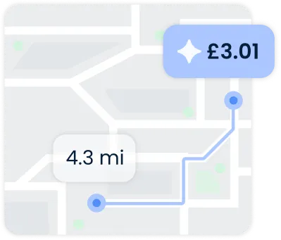 a image representing a typical mileage tracking trip in TripLog, with pop-ups showing the length of the trip and it's worth in dollars