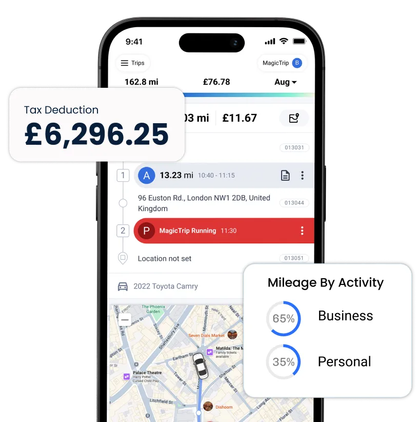triplog mileage tracker app in phone with pop-ups around it showing mileage tracking functions