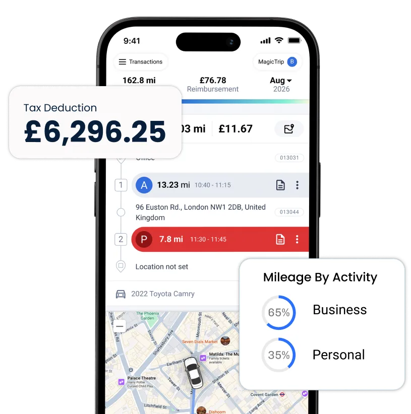 triplog mileage tracker app in phone with pop-ups around it showing mileage tracking functions