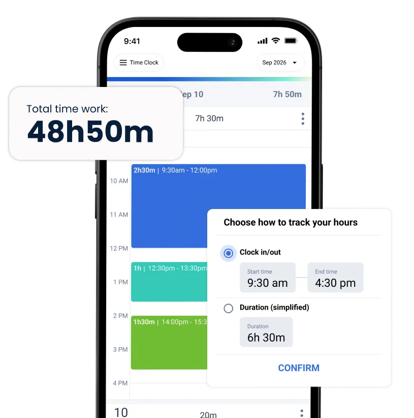 triplog mileage tracker app in phone with pop-ups around it showing time tracking functions