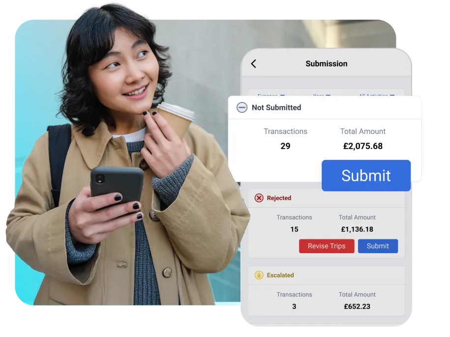 Employee using the TripLog mobile app to review and submit their expense reports, with an app screen showing transactions and a blue "Submit" button.