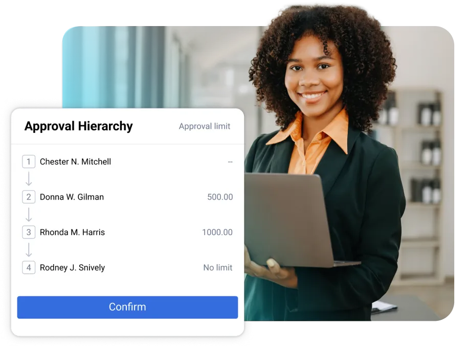 A smiling professional woman holds a laptop in an office setting. A digital interface displays TripLog's approval hierarchy feature showing a consecutive list of four names.