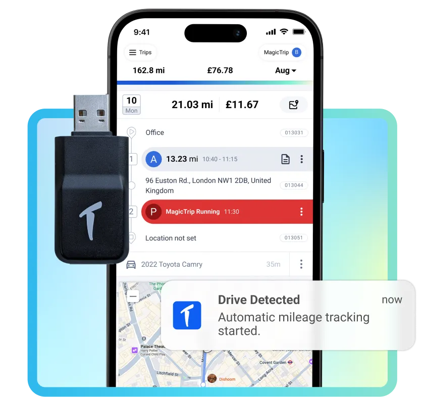 TripLog app showing an automatically detected drive, with a TripLog Drive device and drive notification.