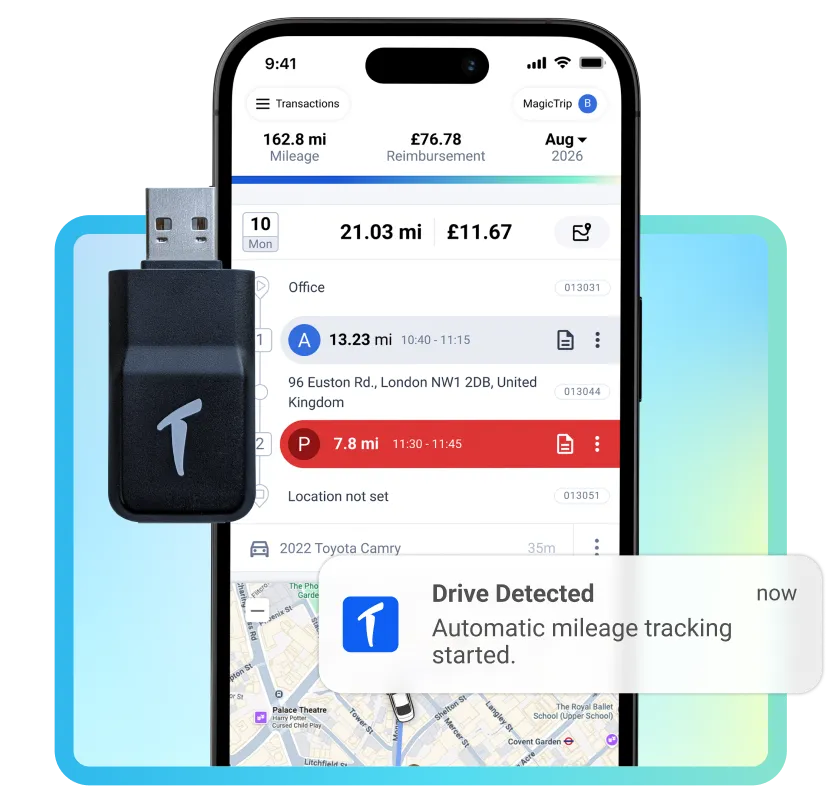 TripLog app showing an automatically detected drive, with a TripLog Drive device and drive notification.