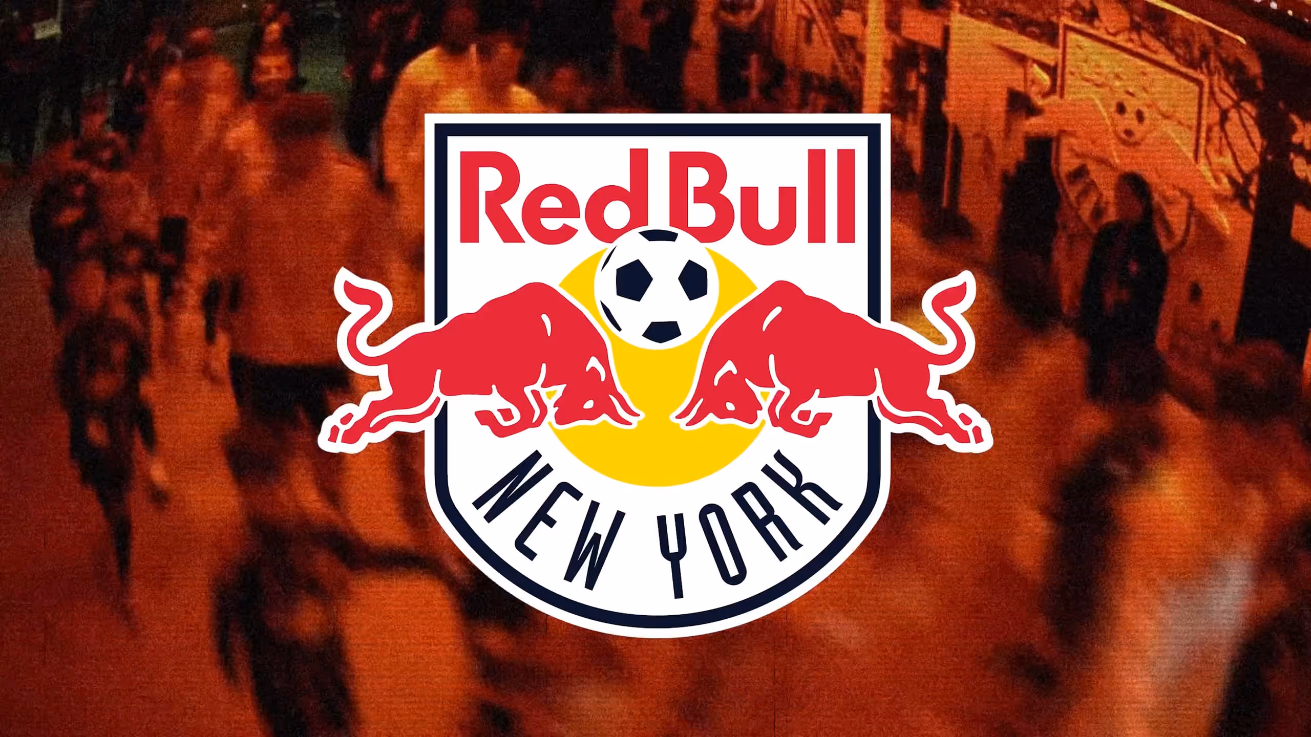 Red Bull New York soccer team logo with two red bulls and a soccer ball on a yellow background.