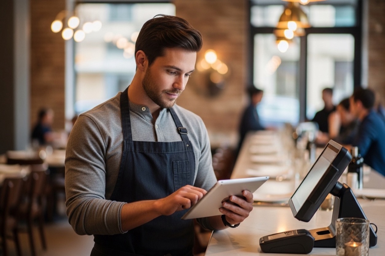 Restaurant manager reviewing a POS tablet at a modern restaurant counter